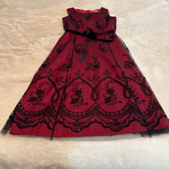 Coldwater Creek Red Dress with Black Netting/Applique Overlay Size P10 - Picture 1 of 16